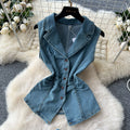 French style age-defying set for women: summer chic ruched waist sleeveless denim top with high-waisted midi skirt