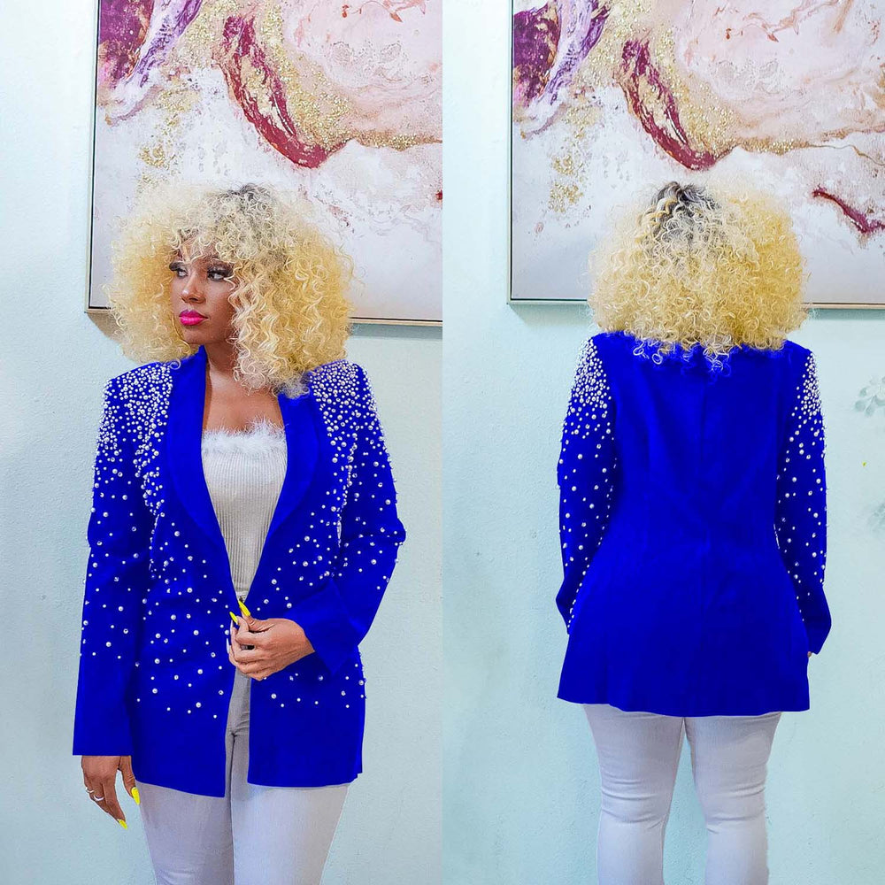 C6590 cross-border   fashion women's solid color beaded lapel long sleeve blazer