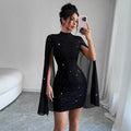 European hot girl dress - sparkling print, high neck, lantern sleeves, bodycon, sexy bodycon skirt