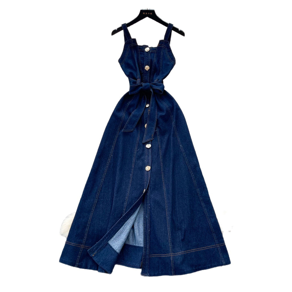 Vintage denim cami dress - women's summer a-line maxi dress with button detail, tie waist, and commute-friendly design