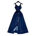 Vintage denim cami dress - women's summer a-line maxi dress with button detail, tie waist, and commute-friendly design