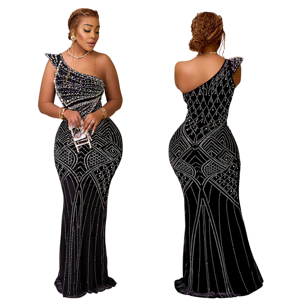 C6818 cross-border   fashion women's solid color rhinestone oblique neck maxi dress