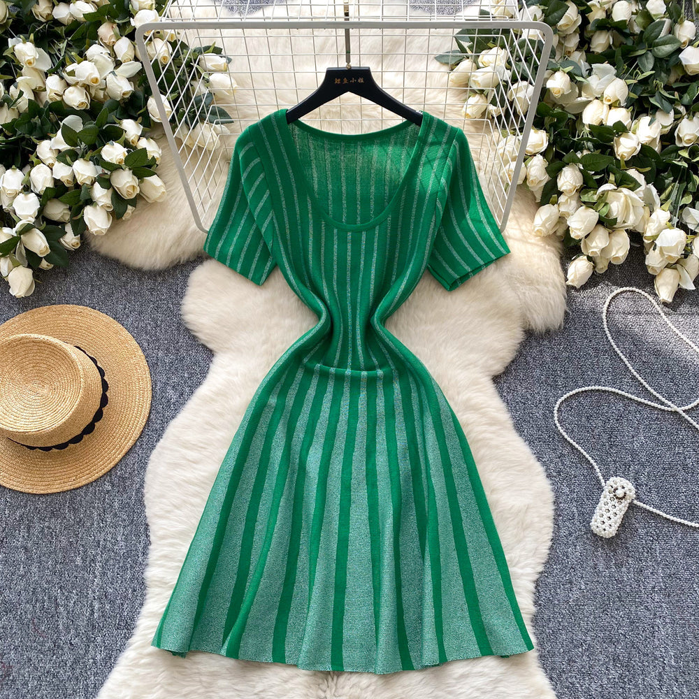 Fashionable women's dress  summer high-end u-neck short sleeve slimming shiny striped a-line knit dress
