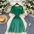 Fashionable women's dress  summer high-end u-neck short sleeve slimming shiny striped a-line knit dress