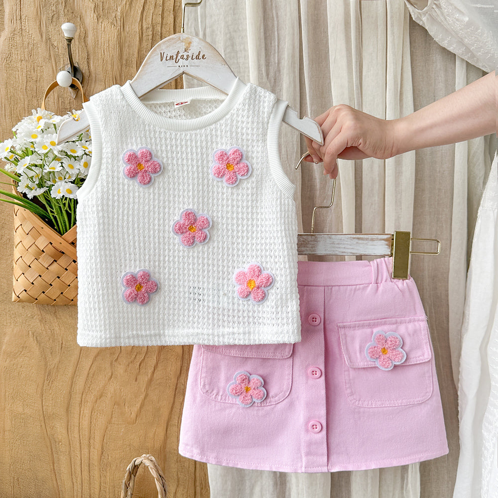 new cross-border girls' fashion set: solid color floral tank top + casual shorts two-piece outfit