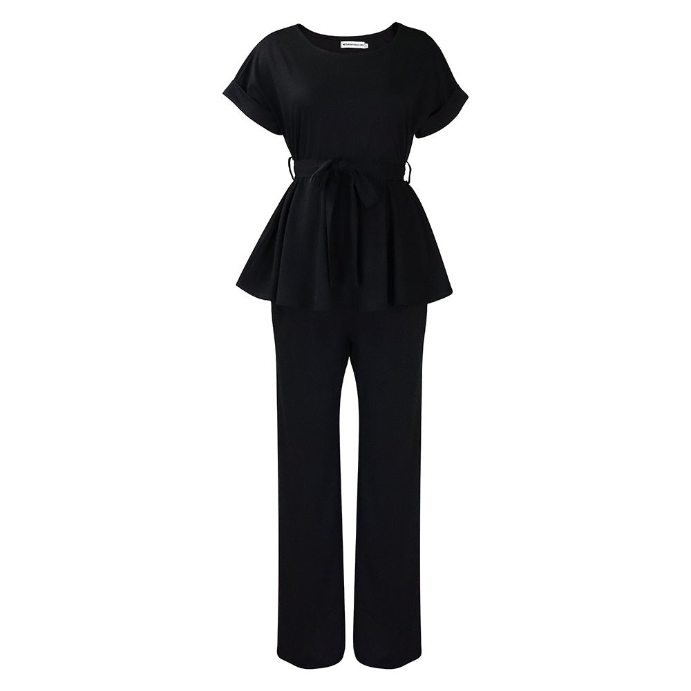 D3206 european and american style women's summer  solid color tie-up top and high-waisted wide-leg pants fashion casual export set
