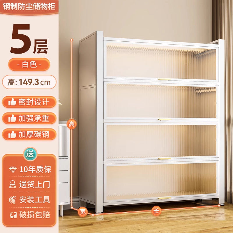 Multifunctional kitchen storage rack with cabinet doors, floor-standing, multi-tier, dustproof storage cabinet for microwave, pots, pans, and bowls
