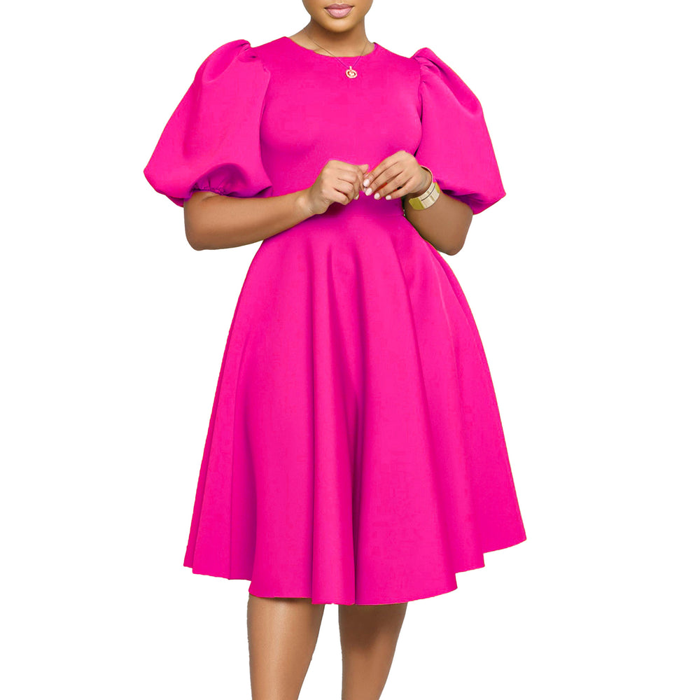 D3178 cross-border fashion  round neck elegant puff sleeve waist large swing dress a-line foreign trade dress