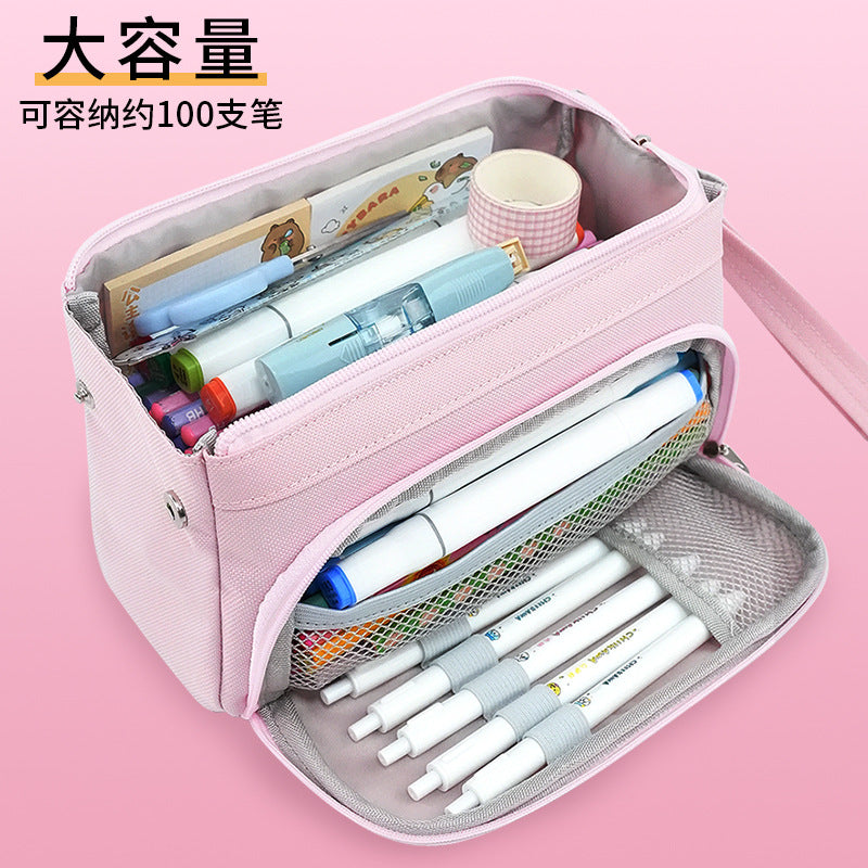 Cross-border pencil case Large capacity simple stationery box Double canvas Multifunctional portable stationery bag Primary school student pencil case