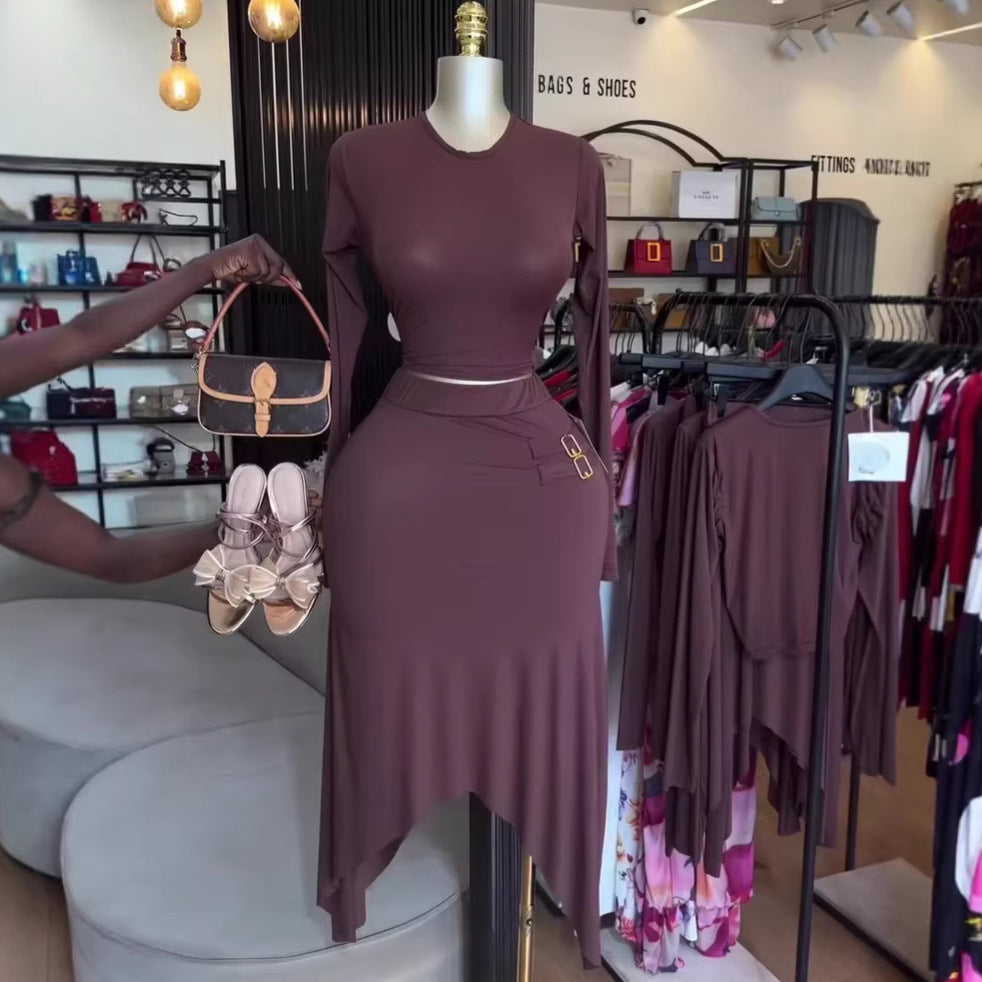 European and american cross-border women's fashion  summer new arrival: elegant round neck short sleeve top and asymmetrical midi skirt set
