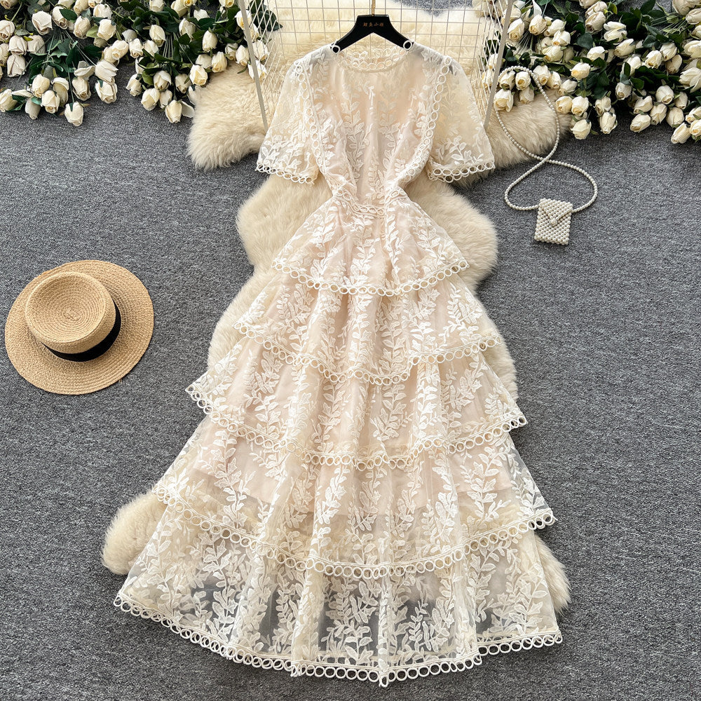 French sweet style pink lace dress women's summer korean high waist cake dress socialite elegant long dress