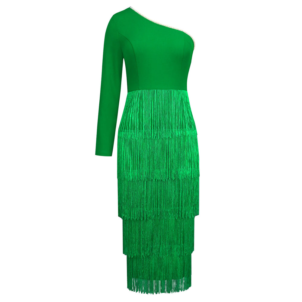 new sexy one-shoulder long sleeve dress high-waisted slimming tassel evening gown dresses