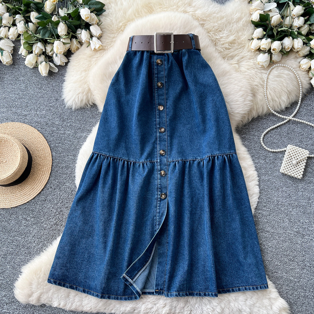 K-style single-breasted denim slit skirt women's summerhigh waista-line skirt medium long patchworkslimming lookwork clothing skirt