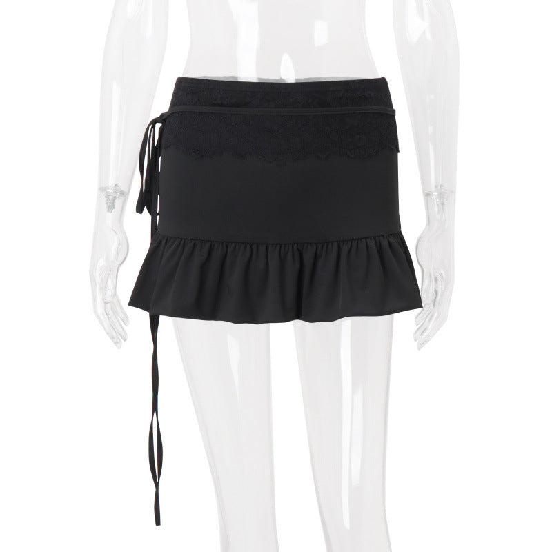 european and american women's clothing  summer new fashion hot girl low waist slimming pleated tie-up midi a-line skirt