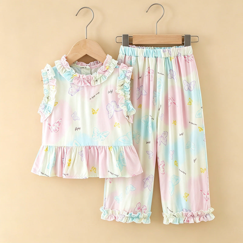 Girls' rayon outerwear set - cartoon print, loungewear, loose fit, breathable, cute summer lightweight lace pajamas