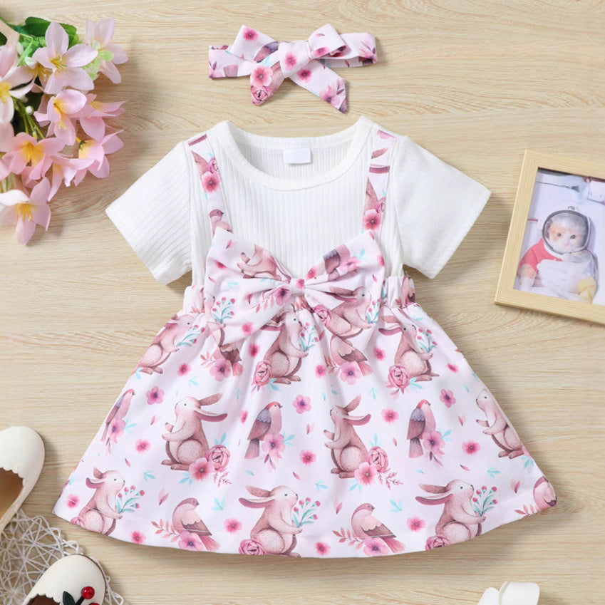 exclusive supply of infant and toddler short-sleeved bow-printed bunny dress, dropshipping available