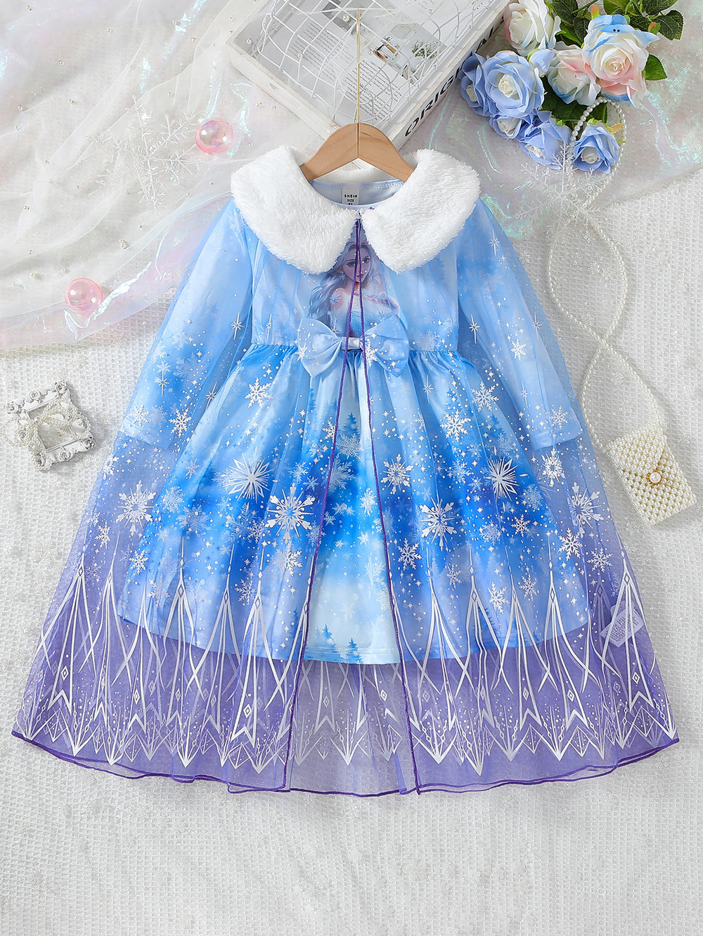 European and american cross-border autumn/winter holiday collection: snow princess tulle cape + dress two-piece set