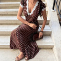 cross-border fashionexportfrenchretro polka dot printingv necklacepatchwork longdress