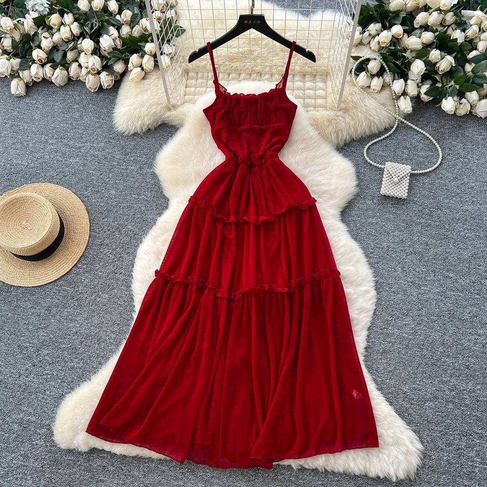 French tea break retro suspender dress women's vacation style waist slimming look pleated design draped large swing long skirt