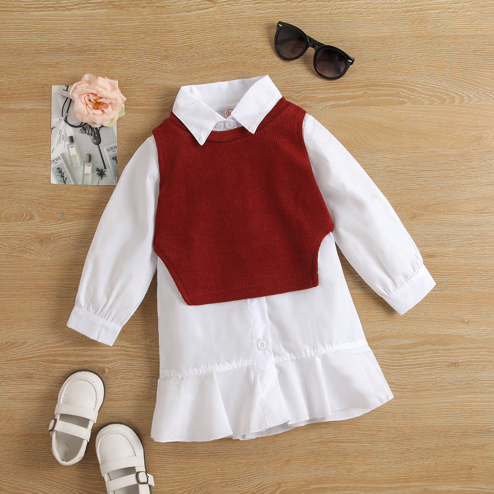 girls' autumn new arrival: collared long-sleeve ruffle princess dress shirt dress knitted vest two-piece set