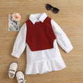 girls' autumn new arrival: collared long-sleeve ruffle princess dress shirt dress knitted vest two-piece set