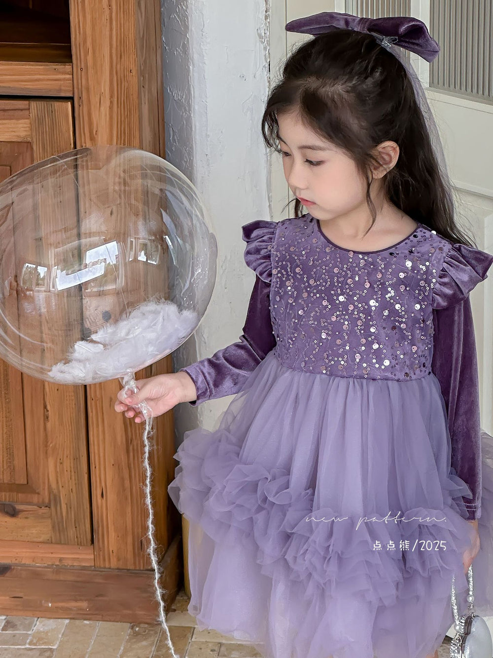 Girls' autumn dress new arrivals : stylish and cute puff sleeve sequin mesh tiered cake dress for little girls