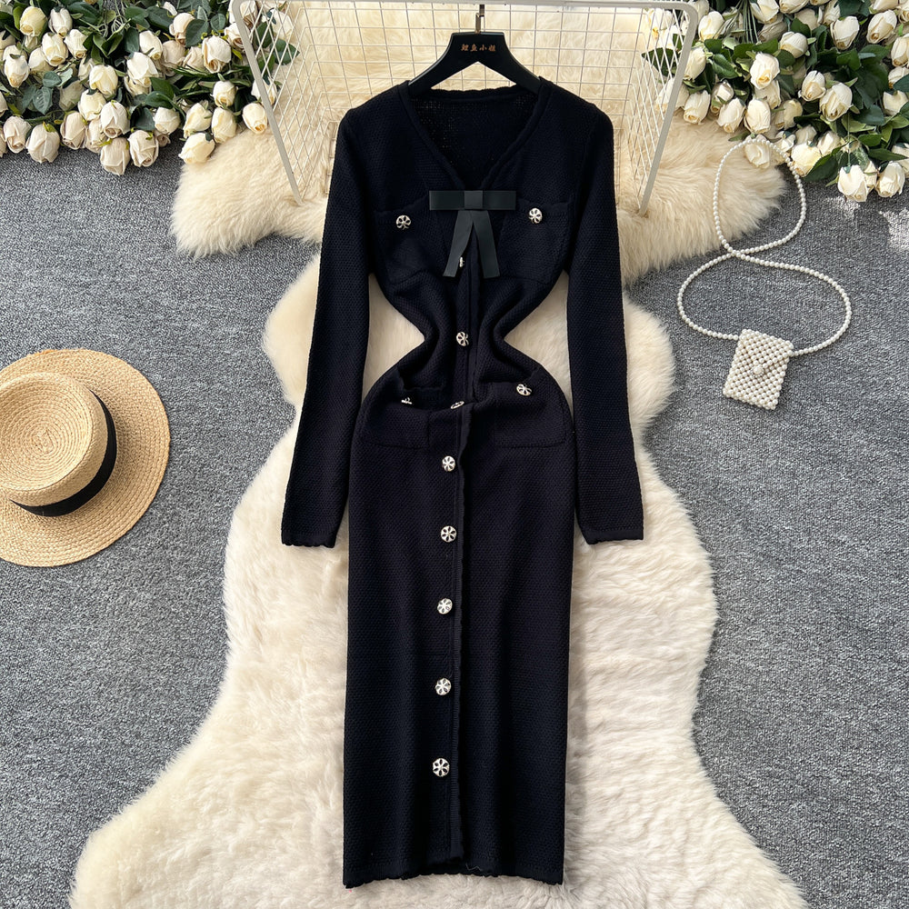 French chic chanel-inspired knit dress with bow and metal buckle detail - autumn layering sweater dress