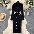 French chic chanel-inspired knit dress with bow and metal buckle detail - autumn layering sweater dress