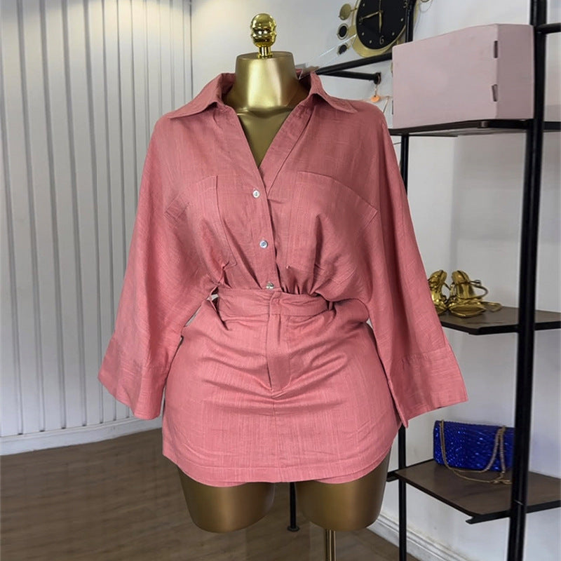 European and american women's clothing  summer new collection: sweet and fresh turn-down collar batwing sleeve blouse with high-waisted midi skirt two-piece set