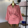 European and american women's clothing  summer new collection: sweet and fresh turn-down collar batwing sleeve blouse with high-waisted midi skirt two-piece set