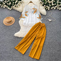 Commuting style casualprintingv necktopshigh waistloose pants women's summerslimming looktwo-piece setdrapedfashionsuit