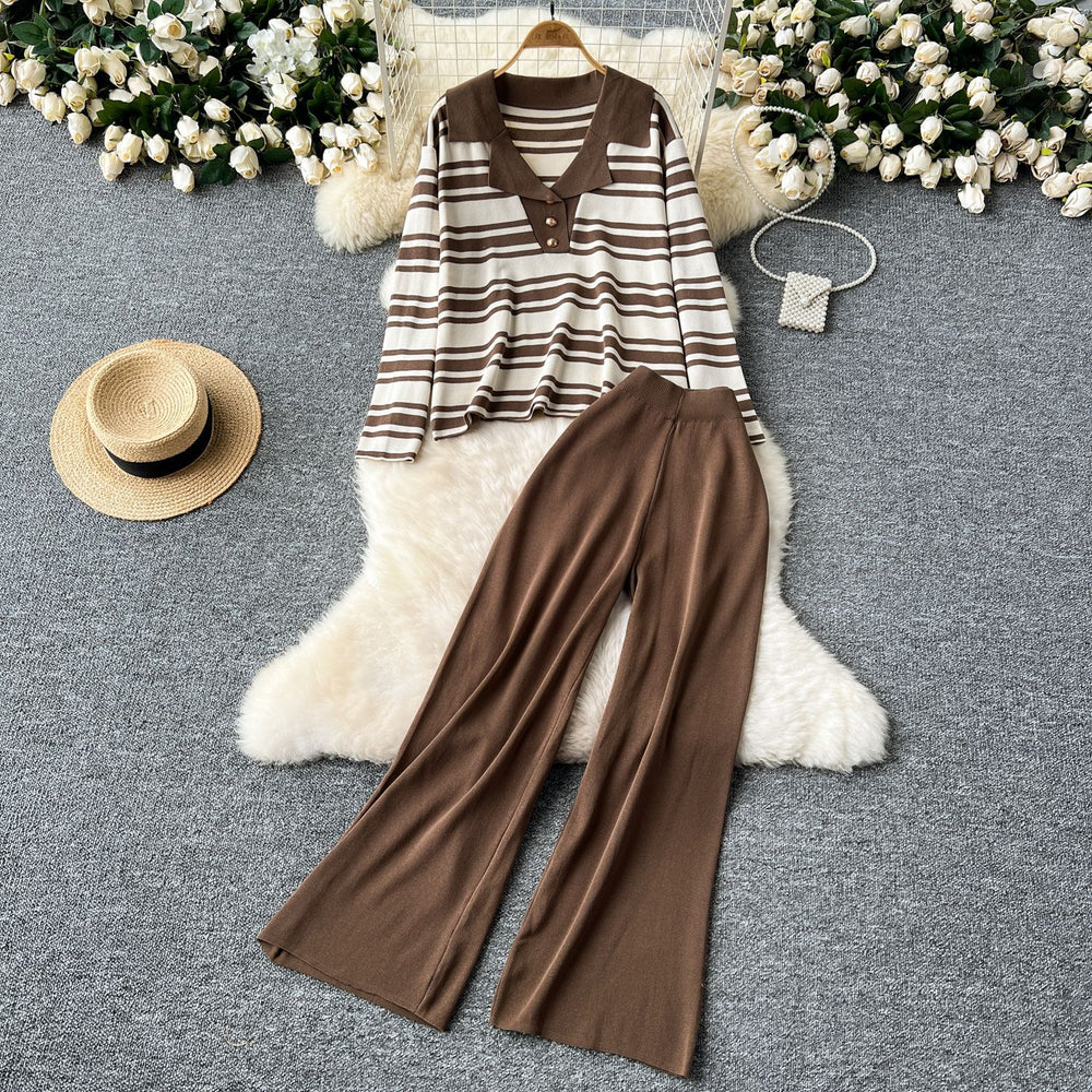 Fall and winternew arrival lazy style k-stylecontrast color suit collar stripesknitting shirttopstwo-piece sethigh waistloose pants