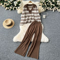 Fall and winternew arrival lazy style k-stylecontrast color suit collar stripesknitting shirttopstwo-piece sethigh waistloose pants