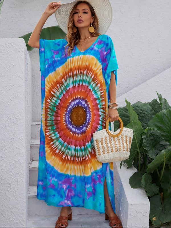 Real shot  quick-drying positioning printed beach blouse robe-style vacation sunscreen shirt loose bikini outer blouse