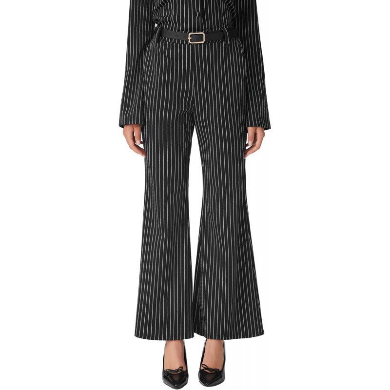 retrostripeshigh waistslimming look flared pants  spring new arrivalpolo collar shirttwo-piece set
