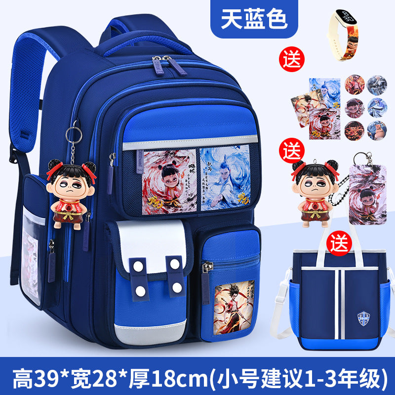 New nezha backpack for boys and girls, grades 1-6: spine protection, lightweight design, and extra-large capacity