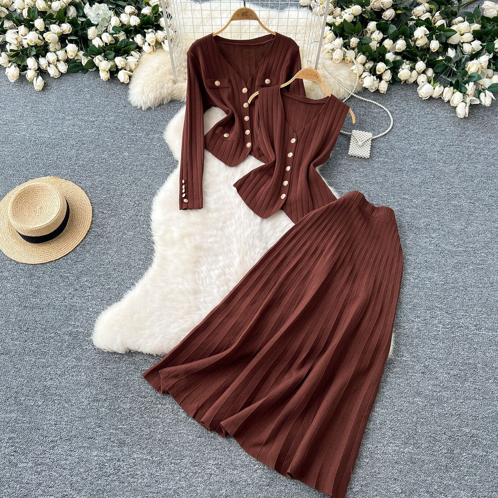 Xiaoxiangfeng wear women's three-piece set easiest for match sleeveless vest metal buckle silmlong sleevesknittingcardigan skirt