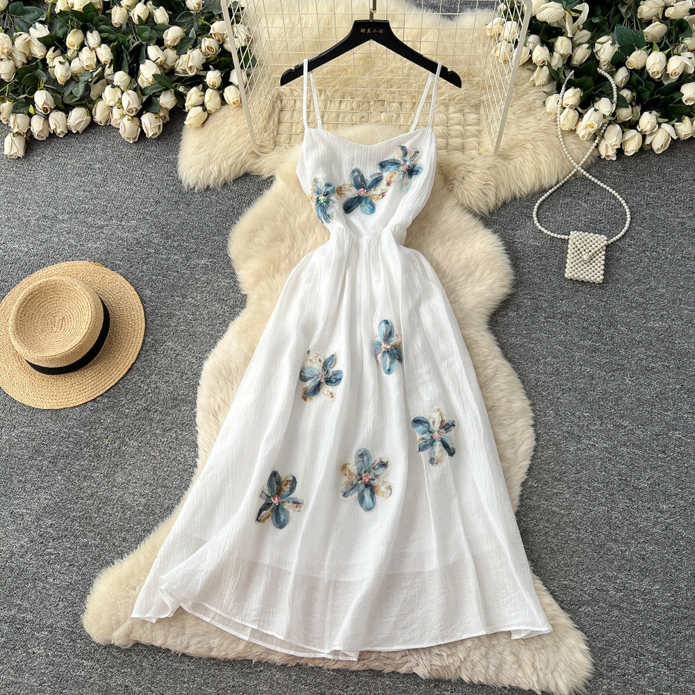 French riviera style sweet cami dress - women's designer dress with intricate 3d floral appliqués and cinched waist