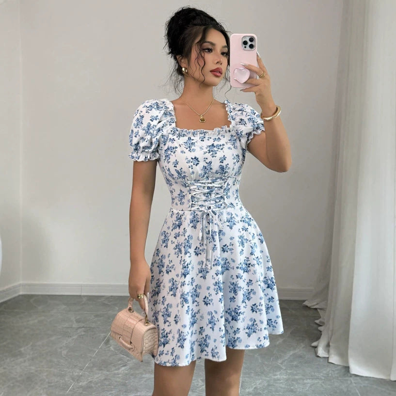 blue floral print dress - women's casual floral bubble sleeve tie-waist - wholesale