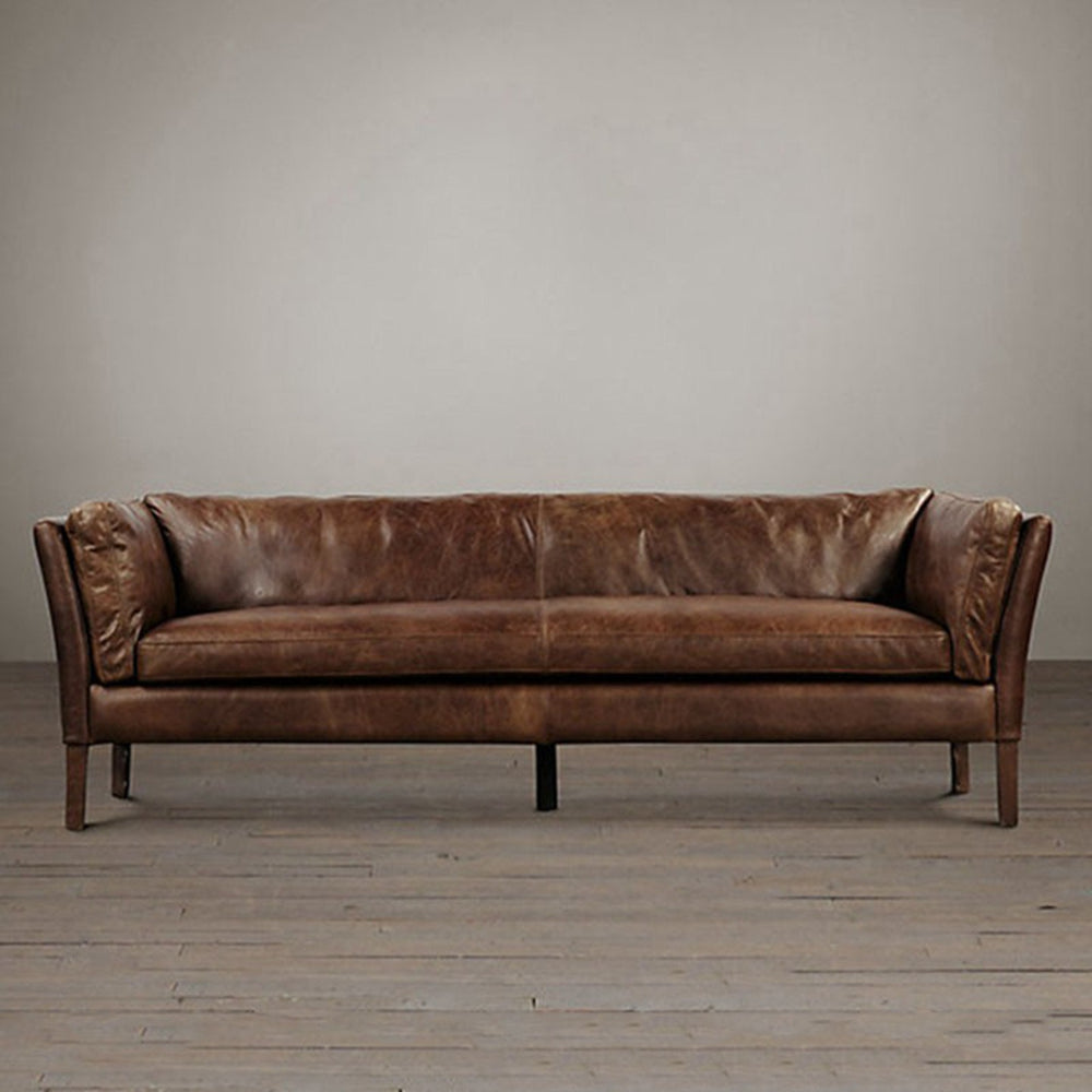 First-layer cowhide sofa, living room, chinese ancient style, small apartment, retro oil wax leather, three-person sofa
