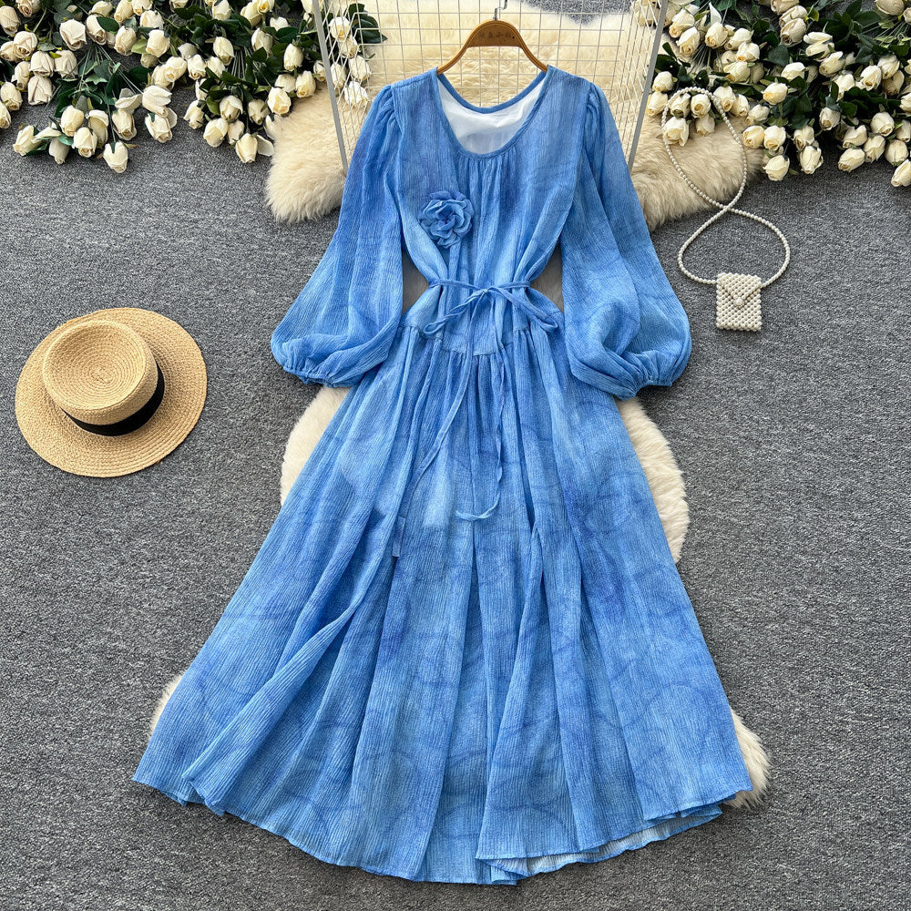 French chic lantern sleeve v-neck dress - women's summer korean style tie-waist slimming a-line maxi dress - elegant
