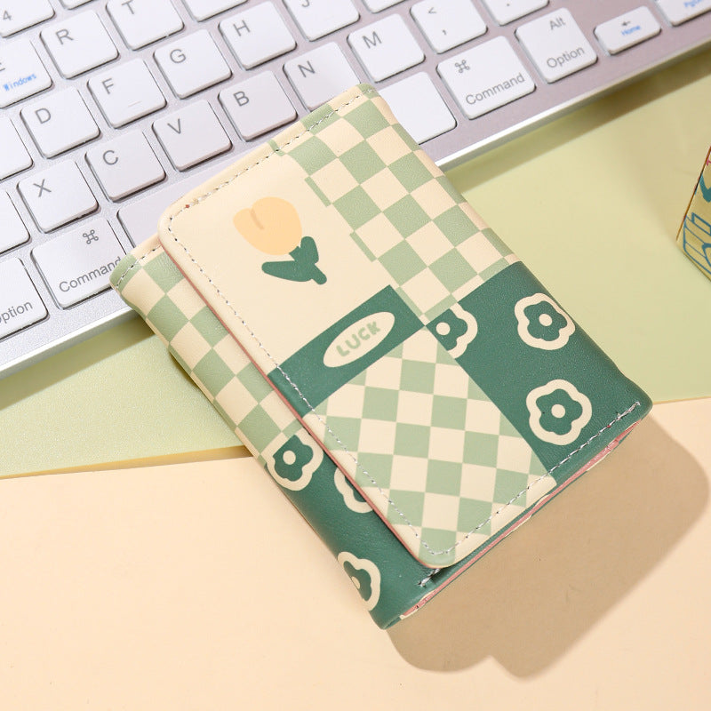 Small fresh three-fold wallet, short women's  explosion, portable driver's license card holder, three-fold storage change purse.