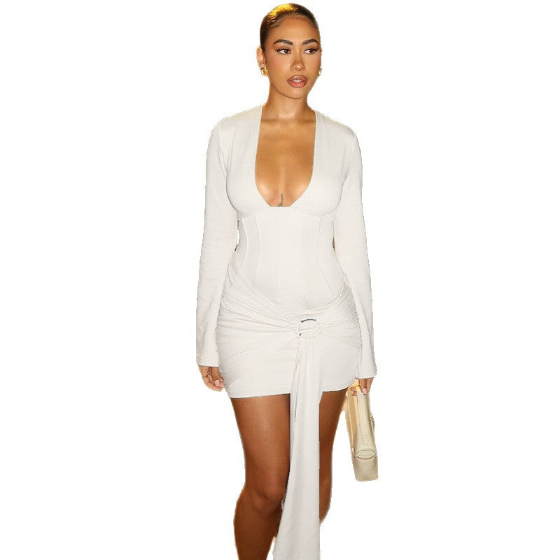 Fashion style ins cross-border pure color women's clothing elegant western style trendy hip skirt strap u-neck long sleeves thin waist short dress