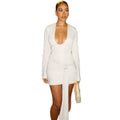 Fashion style ins cross-border pure color women's clothing elegant western style trendy hip skirt strap u-neck long sleeves thin waist short dress