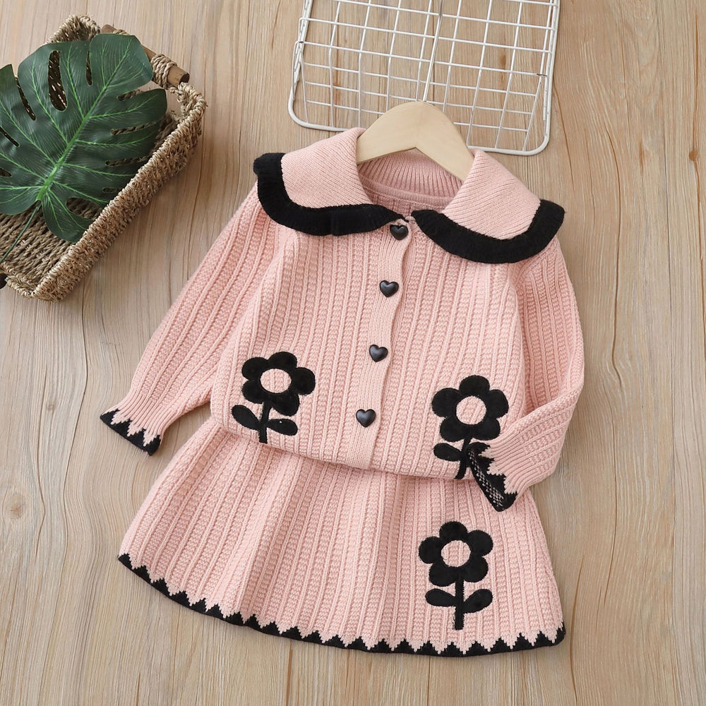 Knitted two-piece set: new autumn/winter girls' sweater dress outfit - little girl's big collar cardigan top set