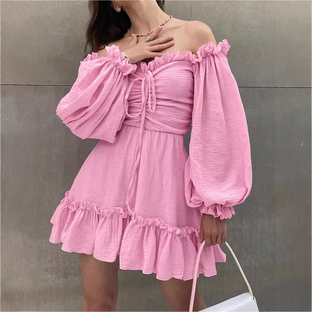 Amazon cross-border e-commerce women's summer  long-sleeve off-the-shoulder elegant dress - short skirt, fresh and sweet style