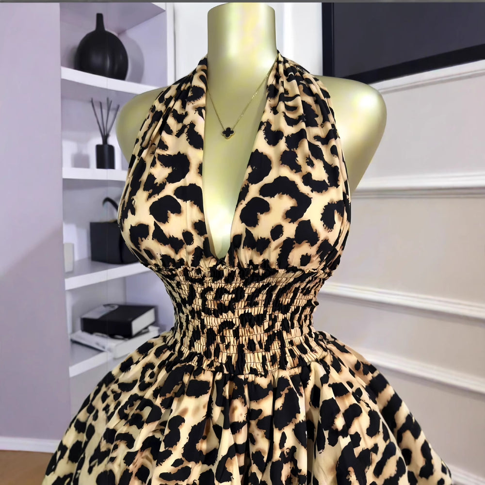 European and american cross-border women's fashion:  early summer new sleeveless halter leopard print cinched waist ruched puffy mini dress