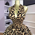 European and american cross-border women's fashion:  early summer new sleeveless halter leopard print cinched waist ruched puffy mini dress