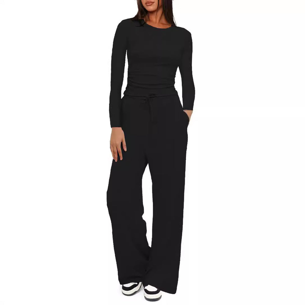 cross-border fashion  new product pure color casuallong sleevessuittopshigh waistloose pants sportswear