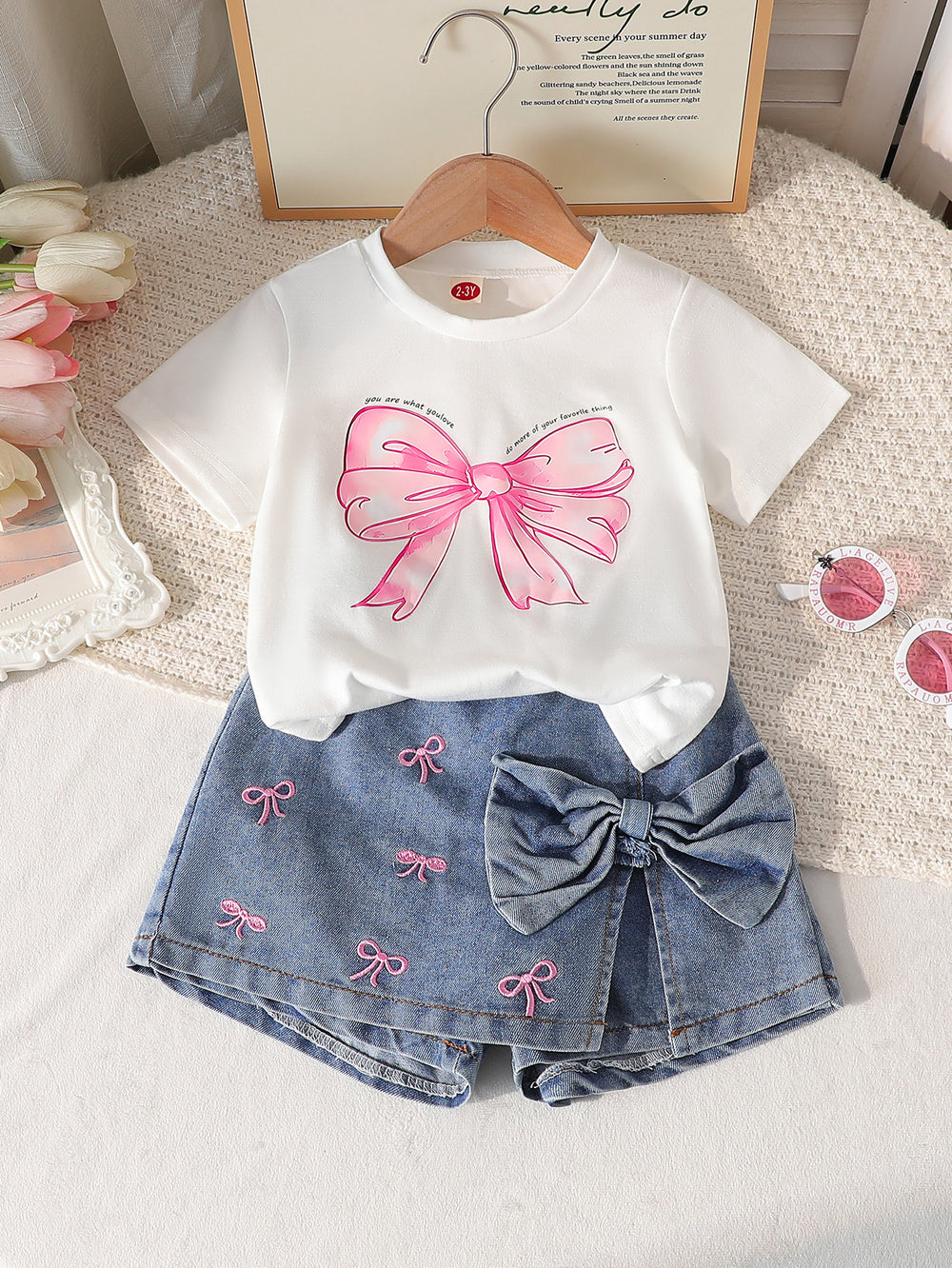 new cross-border girls' round neck printed knit top and bowknot embroidered denim pants two-piece set